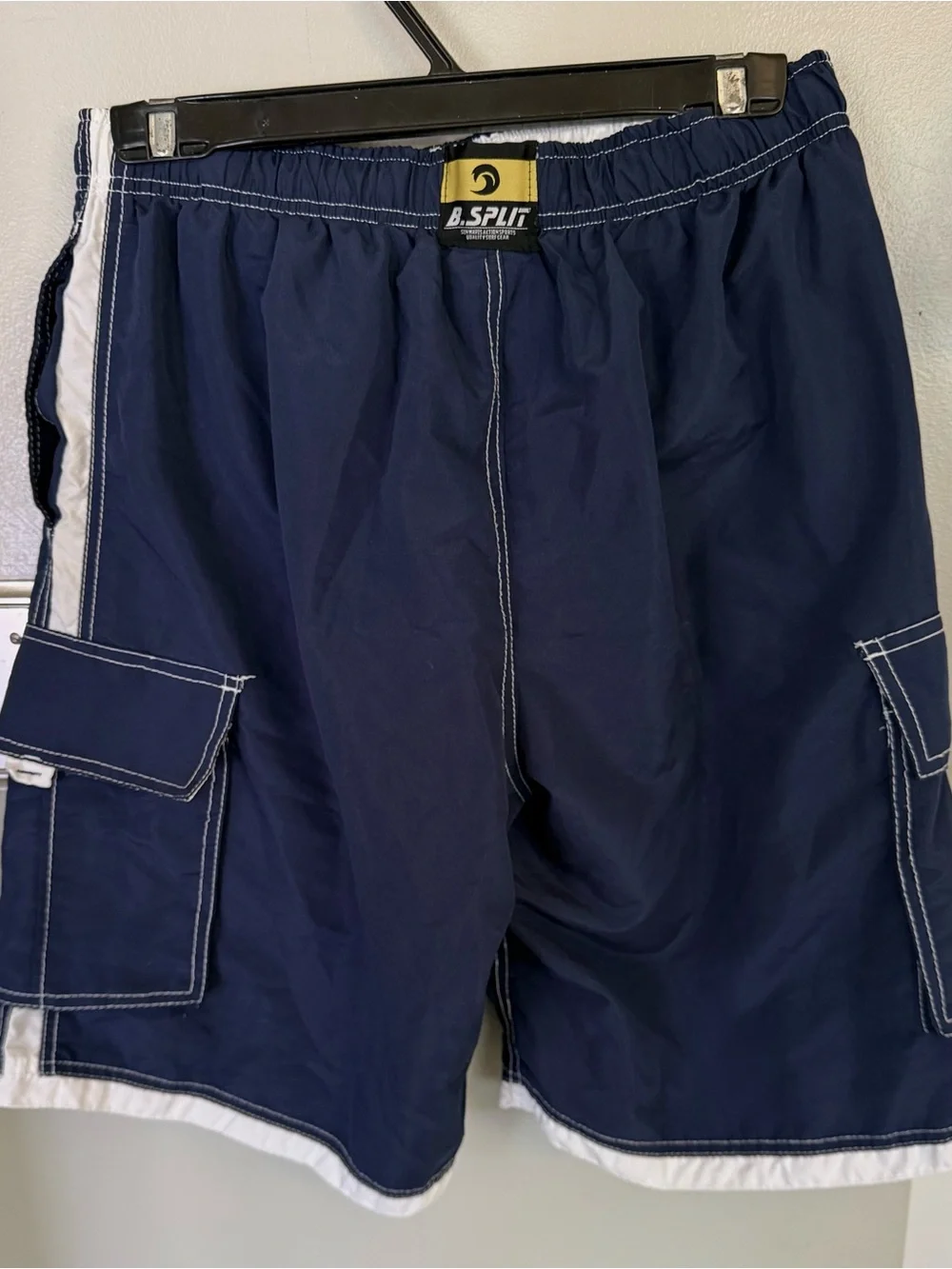 B.Split Cargo Board Shorts Mens L Navy Blue White Swim Surf Trunks Retro Banana